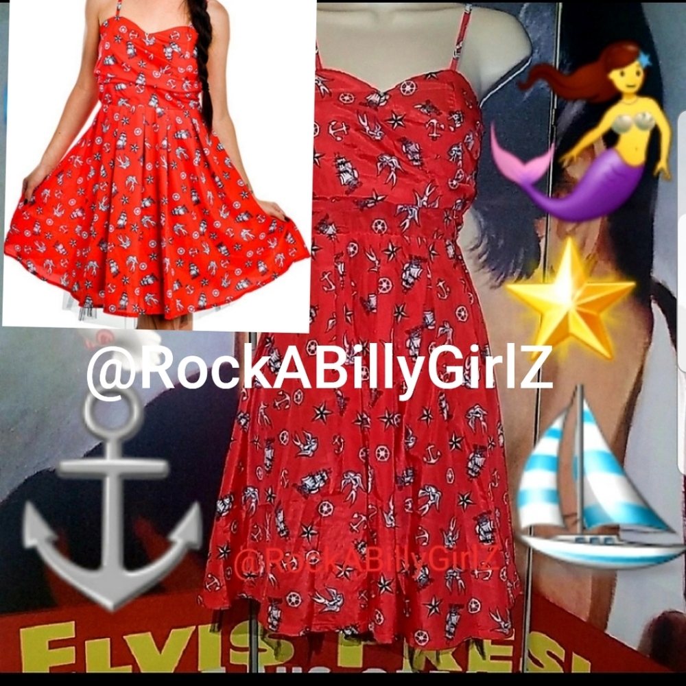 Too Fast Red Nautical Dress Tattoo Flash Ships Stars Anchors w Netting Layers